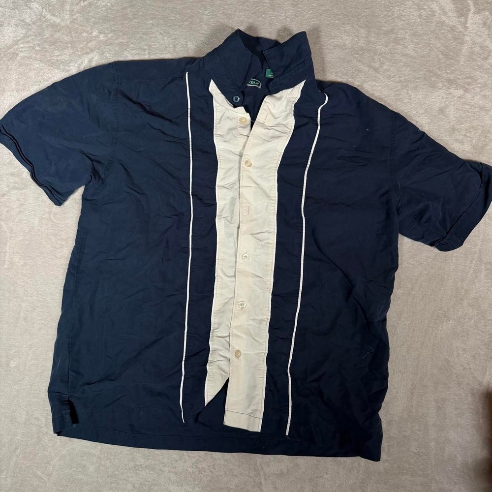 Cubavera Mens Navy Blue Striped Short Sleeve Button Up Shirt Large